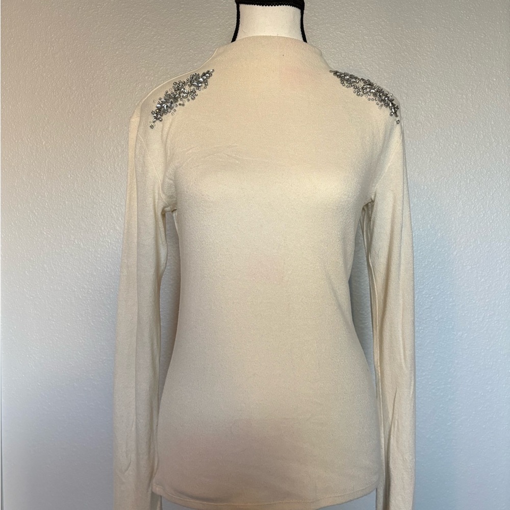 Express Cream Long Sleeve Top with Silver Embellishments